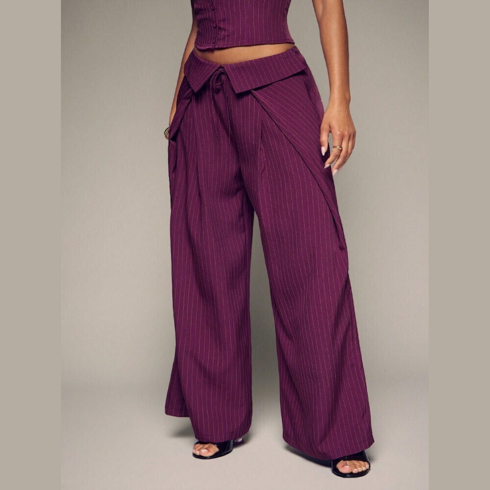 Purple Plum Pinstripe Wide Leg Pants with Foldover Tie Waist
